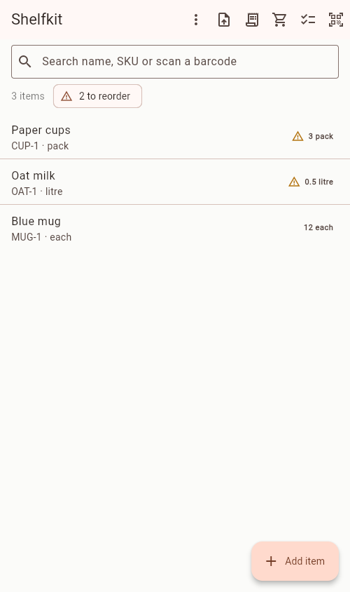 Mobile Inventory on a phone: three items with on-hand quantities and a two-item reorder chip