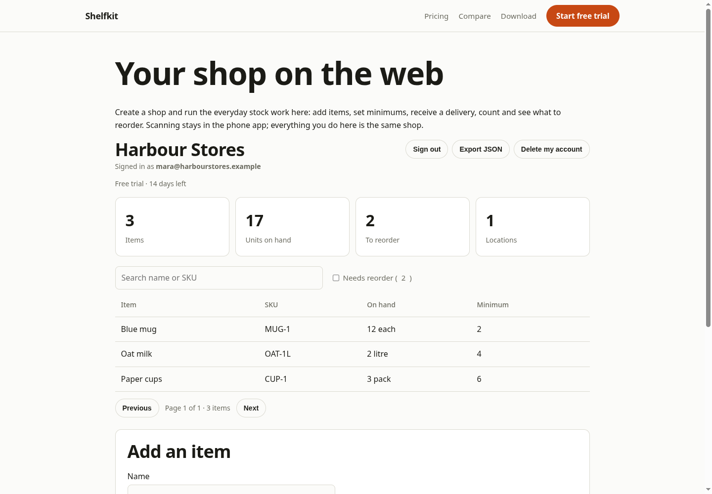 Mobile Inventory web console for Harbour Stores: 3 items, 17 units on hand, 2 to reorder, search and minimums
